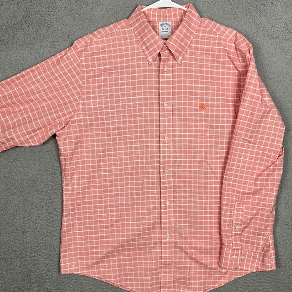 Brooks Brothers Shirt Mens XL Regent Salmon Pink Check Button Down Supima Cotton